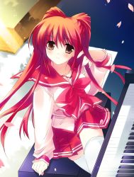 Rule 34 | 00s, 1girl, brown eyes, crossed legs, hair flip, instrument, kousaka tamaki, looking up, md5 mismatch, petals, piano, piano bench, red hair, rei (artist), rei (rei&#039;s room), school uniform, sitting, skirt, smile, solo, thighhighs, to heart (series), to heart 2