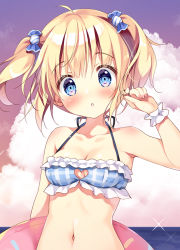 Rule 34 | 1girl, :o, ahoge, bare shoulders, bikini, bikini top only, blonde hair, blue bikini, blue eyes, blush, breasts, candy hair ornament, cleavage, cleavage cutout, clothing cutout, cloud, cloudy sky, collarbone, commentary request, food-themed hair ornament, hair ornament, halterneck, heart cutout, horizon, innertube, looking at viewer, medium breasts, navel, ocean, original, outdoors, pan (mimi), parted lips, plaid, plaid bikini, ruffling hair, short hair, sky, solo, sparkle, sunset, swim ring, swimsuit, ten-chan (pan (mimi)), two side up, upper body, wrist cuffs