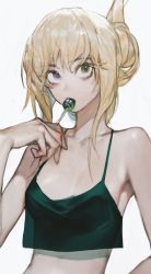 Rule 34 | 1girl, bare shoulders, blonde hair, breasts, candy, cleavage, commentary request, food, hair bun, hair ornament, hair stick, heterochromia, highres, korean commentary, lollipop, looking to the side, medium breasts, mixed-language commentary, original, pigeon666, single hair bun, solo