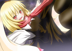 Rule 34 | 1girl, black thighhighs, blonde hair, breath, embodiment of scarlet devil, female focus, foreshortening, giorgio claes, gradient background, outstretched arms, red eyes, rumia, scarf, short hair, smile, solo, spread arms, thighhighs, touhou, zettai ryouiki