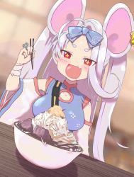Rule 34 | + +, 1girl, absurdres, animal ears, blue archive, bow, bowl, breasts, chopsticks, collarbone, commentary request, eating, food, forehead, halo, highres, jewelry, jirou (ramen), kurosaki kousuke, medium breasts, mouse ears, open mouth, portrait, red eyes, ring, saya (blue archive), silver hair, solo, table