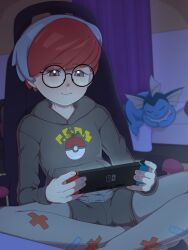 Rule 34 | 1girl, bandaid, bandaid on leg, bed, bedroom, blush, chair, creatures (company), crossed ankles, curtains, game console, game freak, gaming chair, gen 1 pokemon, glasses, grey eyes, handheld game console, highres, holding, holding handheld game console, multicolored hair, nintendo, nintendo switch, penny (pokemon), playing games, pokemon, pokemon sv, purple curtains, red hair, rockset, round eyewear, shorts, sleeping, solo, swivel chair, two-tone hair, vaporeon, white hair