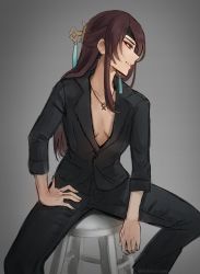 Rule 34 | 1girl, anhmaruwu, beidou (genshin impact), breasts, brown hair, cleavage, formal, genshin impact, grey background, jewelry, long hair, looking away, looking to the side, necklace, open mouth, pant suit, pants, red eyes, simple background, sitting, smile, solo, stool, suit