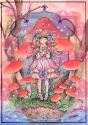 Rule 34 | 1girl, :o, anklet, blue eyes, border, bow, dated, dress, fish, goldfish, hair bow, hair ornament, hands on own chest, jewelry, lace, long hair, looking at viewer, mosho, mushroom, original, pantyhose, pink dress, pink hair, pink theme, signature, solo, star (symbol), traditional media, tree, water, white pantyhose