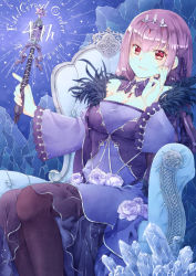 Rule 34 | 1girl, anniversary, armchair, bare shoulders, black pantyhose, breasts, chair, cleavage, closed mouth, commentary request, copyright name, dress, fate/grand order, fate (series), feet out of frame, flower, hand on own face, headpiece, highres, holding, holding wand, jewelry, large breasts, long hair, long sleeves, looking at viewer, pantyhose, purple dress, purple hair, red eyes, scathach (fate), scathach skadi (fate), sitting, solo, wand, wide sleeves, yue natsuki