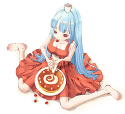Rule 34 | 1girl, barefoot, blue hair, cake, dress, food, fruit, kula diamond, long hair, pastry, red eyes, sitting, skinny, snk, solo, strawberry, the king of fighters, wariza