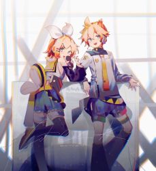 Rule 34 | 1boy, 1girl, adapted costume, arm rest, badge, belt, black legwear, black shorts, blonde hair, blue eyes, bow, commentary, crop top, feet out of frame, hair bow, hair ornament, hairclip, headphones, headset, holding, holding microphone, kagamine len, kagamine rin, kurotero, leaning back, leg up, leg warmers, looking at viewer, looking back, microphone, necktie, open mouth, shirt, shorts, signature, smile, spiked hair, vocaloid, white bow, white shirt, yellow collar, yellow neckwear