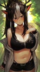 Rule 34 | 1girl, absurdres, animal ears, antlers, arms at sides, bare shoulders, belt, black hair, black shorts, blush, breasts, character request, cleavage, collarbone, copyright request, crop top, feet out of frame, hair between eyes, hand up, highleg, highres, horns, large breasts, long hair, long sleeves, marse (rokudaime), midriff, multicolored hair, navel, open mouth, original, outdoors, ponytail, shorts, sidelocks, skindentation, solo, standing, streaked hair, sweat, teeth, thighs, tree, white hair, zipper