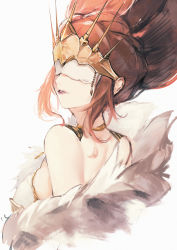 Rule 34 | 1girl, breasts, brown hair, eye mask, fanshu, highres, long hair, looking back, mask, medium breasts, octopath traveler, octopath traveler i, simple background, solo, white background