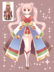 Rule 34 | 1girl, black footwear, blush, brown background, character request, closed mouth, double bun, full body, hair bun, highres, japanese clothes, kimono, kneehighs, light (luxiao deng), light brown hair, long hair, long sleeves, looking at viewer, pointy ears, ragnarok online, red eyes, shoes, sleeves past fingers, sleeves past wrists, smile, socks, sparkle, twintails, very long hair, white kimono, white socks, wide sleeves