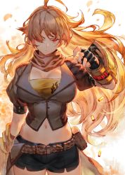 Rule 34 | 1girl, ahoge, belt, black shorts, blazer, breasts, brown belt, buckle, cleavage, commentary, cowboy shot, duplicate, facing viewer, fingerless gloves, gloves, hair over eyes, hair over one eye, hand up, highres, izumi sai, jacket, large breasts, long hair, midriff, navel, one eye covered, puffy short sleeves, puffy sleeves, red eyes, rwby, scarf, shell casing, short shorts, short sleeves, shorts, smoke, smoke trail, solo, thighs, vambraces, waist cape, wavy hair, yang xiao long