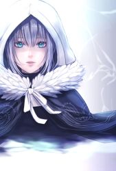 Rule 34 | 1girl, aqua eyes, bad id, bad pixiv id, black cape, cape, fate (series), gray (fate), hair between eyes, hood, hood up, looking at viewer, lord el-melloi ii case files, parted lips, ribbon, seki (sekixview), short hair, silver hair, solo, upper body, white hood, white ribbon