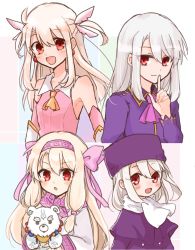 Rule 34 | 4girls, :d, :o, ainu clothes, ascot, bare shoulders, blonde hair, blush, bow, coat, collared shirt, commentary request, detached sleeves, dot nose, elbow gloves, fate/grand order, fate/kaleid liner prisma illya, fate/stay night, fate (series), finger to mouth, fur hat, gloves, hair between eyes, hair ornament, hairband, hat, highres, holding, illyasviel von einzbern, long sleeves, looking at viewer, magical girl, multiple girls, multiple persona, open mouth, papakha, pink ascot, pink bow, pink hairband, pink scarf, pink shirt, purple coat, purple shirt, saihara, scarf, shirou (bear) (fate), shirt, sidelocks, simple background, sitonai (fate), smile, smug, stuffed animal, stuffed toy, teddy bear, upper body, white hair, white scarf, yellow ascot