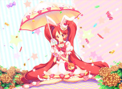 Rule 34 | 10s, 1girl, :q, animal ears, blush, cake hair ornament, candy, cookie, cure whip, extra ears, food, food-themed hair ornament, fruit, full body, gloves, hair ornament, kirakira precure a la mode, long hair, looking at viewer, magical girl, multiple girls, open mouth, pink eyes, pink hair, precure, rabbit ears, sitting, skirt, smile, solo, strawberry, tongue, tongue out, twintails, umbrella, usami ichika, wand, wara@, wariza, white gloves