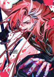Rule 34 | 1boy, artist name, black gloves, blood, blood on face, blood on hands, bloody weapon, earrings, eyebrow cut, fate/grand order, fate (series), fingerless gloves, gloves, hair over one eye, holding, holding sword, holding weapon, jacket, japanese clothes, jewelry, long hair, looking at viewer, male focus, multicolored hair, na222222, nagatekkou, red eyes, red hair, simple background, smile, solo, streaked hair, sword, takasugi shinsaku (fate), upper body, weapon, white background, white hair