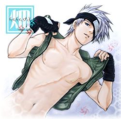 Rule 34 | 1boy, artist request, bandana, gloves, hatake kakashi, lowres, male focus, naruto, naruto (series), nipples, open clothes, open vest, scar, solo, vest, white hair