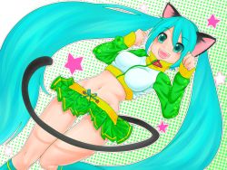 Rule 34 | 1girl, animal ears, aqua eyes, aqua hair, cat ears, cat tail, groin, hatsune miku, hekopon, long hair, midriff, navel, open mouth, panties, pantyshot, project diva (series), project diva 2nd, skirt, solo, star (symbol), striped clothes, striped panties, tail, thigh gap, twintails, underwear, upskirt, very long hair, vocaloid