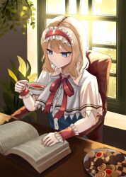Rule 34 | 1girl, alice margatroid, armchair, blonde hair, blue dress, blue eyes, book, capelet, chair, cookie, cup, dress, erisauria, food, hairband, highres, holding, holding cup, indoors, lolita hairband, plant, plate, reading, sitting, sunlight, teacup, touhou, white capelet, wrist cuffs