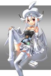 Rule 34 | 1girl, apple inc., breasts, cable, cellphone, gradient background, hat, iphone, katahira masashi, leg up, legs, long hair, looking at viewer, musical note, original, outside border, personification, phone, pointy ears, silver hair, sitting, skirt, sleeves past wrists, smartphone, smile, solo, thighhighs, thighs, white thighhighs, zettai ryouiki