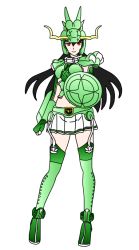 Rule 34 | 1girl, armor, black hair, crossover, dragon shiryuu, gloves, green gloves, kantai collection, long hair, looking at viewer, nagato (kancolle), red eyes, saint seiya, shield, skirt, solo, standing, thighhighs, thighs, very long hair, white background, white skirt
