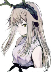 Rule 34 | 1girl, antlers, arknights, black hairband, brown eyes, brown hair, closed mouth, cropped torso, firewatch (arknights), hairband, highres, horns, k futoshi 0n0, long hair, looking at viewer, shirt, simple background, sleeveless, sleeveless shirt, solo, upper body, white background, white shirt