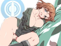 Rule 34 | 10s, 1girl, azumi (girls und panzer), blue eyes, blush, breasts, brown hair, cleavage, girls und panzer, highres, large breasts, looking at viewer, no bra, no panties, short hair, smile, solo, zasha