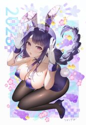 Rule 34 | 1girl, 2023, alternate costume, animal ears, black pantyhose, blush, braid, breasts, cleavage, collar, commentary request, covered erect nipples, detached collar, fake animal ears, fake tail, floating hair, from above, genshin impact, gloves, high heels, highres, kneeling, large breasts, leotard, long hair, looking at viewer, looking up, low-braided long hair, low-tied long hair, mole, mole under eye, new year, open mouth, pantyhose, playboy bunny, purple eyes, purple footwear, purple hair, purple leotard, rabbit ears, rabbit pose, rabbit tail, raiden shogun, raised eyebrows, seigaiha, single braid, solo, strapless, strapless leotard, syandega, tail, thighs, very long hair, white collar, white gloves