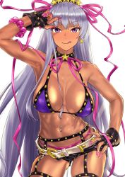 Rule 34 | 1girl, bare shoulders, bb (fate), bb (fate) (all), bb (swimsuit mooncancer) (fate), bb (swimsuit mooncancer) (second ascension) (fate), bead bracelet, beads, belt, bikini, black garter belt, black gloves, black shorts, blush, bracelet, breasts, cleavage, collarbone, dark-skinned female, dark skin, fate/grand order, fate (series), fingerless gloves, garter belt, gloves, hair ornament, hair ribbon, hairband, hand on own hip, highres, jewelry, large breasts, licking lips, long hair, looking at viewer, loose belt, micro shorts, navel, navel piercing, neck ribbon, piercing, purple bikini, purple eyes, purple hair, ribbon, shorts, smile, solo, star (symbol), star hair ornament, studded garter belt, suna (sandworks), swimsuit, tan, thighhighs, thighs, tongue, tongue out, very long hair, white belt
