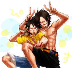 Rule 34 | 2boys, airotagivan, bad id, bad pixiv id, belt, black hair, black shorts, brothers, denim, denim shorts, double v, freckles, grin, male focus, monkey d. luffy, multiple boys, muscular, one piece, portgas d. ace, scar, shirt, topless male, shorts, siblings, smile, t-shirt, v