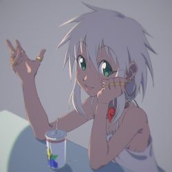 Rule 34 | 1girl, bangle, blush stickers, bracelet, breasts, dark-skinned female, dark skin, drink, earrings, green eyes, highres, jewelry, long hair, looking at viewer, open mouth, simple background, smile, solo, souffle rosetti, star ocean, star ocean till the end of time, weapon, white hair