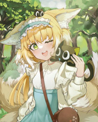 Rule 34 | 1girl, ;d, absurdres, animal ears, arknights, bag, black cat, blonde hair, blue hairband, blue skirt, cat, commentary request, crossover, day, fox ears, fox girl, fox tail, frilled hairband, frills, green eyes, hairband, hand up, heixiu, high-waist skirt, highres, jacket, kitsune, long hair, long sleeves, luo xiaohei, multicolored hair, on head, one eye closed, open clothes, open jacket, open mouth, outdoors, pota douzhi, puffy long sleeves, puffy sleeves, shirt, shoulder bag, skirt, smile, suzuran (arknights), suzuran (spring praise) (arknights), tail, luo xiaohei zhanji, tree, two-tone hair, very long hair, white hair, white jacket, white shirt