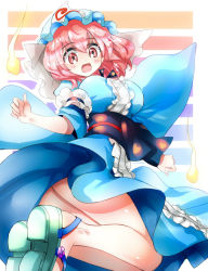 Rule 34 | 1girl, :d, blue kimono, blush, gradient background, hat, heart, heart print, hitodama, japanese clothes, kimono, looking at viewer, mob cap, nagare, obi, open mouth, pink eyes, pink hair, saigyouji yuyuko, sandals, sash, short hair, smile, solo, striped, striped background, touhou, triangular headpiece, wide sleeves