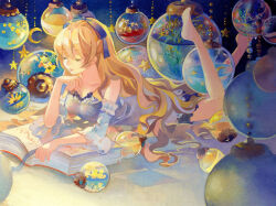 Rule 34 | 1girl, barefoot, blonde hair, book, breasts, closed eyes, closed mouth, collarbone, crescent, crescent moon, detached sleeves, dress, feet up, lace, lace-trimmed dress, lace sleeves, lace trim, long hair, lying, medium breasts, moon, on stomach, open book, orb, original, painting (medium), plant, reading, rei (456789io), solo, star (symbol), traditional media, water, watercolor (medium), wavy hair, white dress