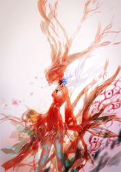 Rule 34 | 1girl, breasts, cleavage, cowboy shot, dress, floating hair, highres, original, profile, red dress, red hair, solo, umishima senbon, white background