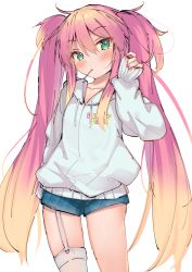 Rule 34 | 1girl, beatmania, beatmania iidx, blue shorts, blush, candy, closed mouth, clothes writing, collarbone, commentary request, drawstring, eip (pepai), food, food in mouth, garter straps, gradient hair, green eyes, grey hoodie, hair between eyes, hand up, heart, hood, hood down, hoodie, lollipop, long hair, long sleeves, multicolored hair, nail polish, pinching sleeves, pink hair, pink nails, short shorts, shorts, simple background, sleeves past wrists, solo, thighhighs, twintails, very long hair, white background, white thighhighs, yamashina shizuku