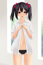 Rule 34 | 10s, 1girl, :o, black hair, black panties, blurry, blush, bow, breast pocket, collared shirt, commentary request, cowboy shot, depth of field, dress shirt, female focus, flat chest, gluteal fold, hair bow, hair ornament, highres, indoors, long hair, long sleeves, looking at viewer, love live!, love live! school idol project, navel, no bra, no pants, nonaka ritsu, open mouth, panties, pink bow, pocket, red eyes, shirt, short twintails, solo, standing, thigh gap, thighs, twintails, unbuttoned, unbuttoned shirt, underwear, white shirt, yazawa nico