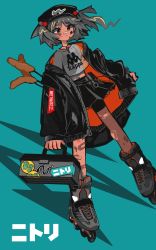 Rule 34 | 1girl, absurdres, alternate costume, bandaid, black skirt, blue background, bruise, casual, cattail, character name, commentary request, contemporary, english text, grey hair, hat, highres, ichinose (kurui96), injury, inline skates, jacket, jewelry, kappa, kawashiro nitori, key, key necklace, midriff, necklace, open clothes, open jacket, plant, roller skates, short hair, shorts, shorts under skirt, skates, skirt, solo, sticker, tool belt, toolbox, touhou, translation request