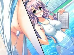 Rule 34 | akaza, censored, cleft of venus, henshin 3, living clothes, long hair, notebook, object insertion, one-piece swimsuit, pen, pool, purple hair, pussy, school swimsuit, swimsuit, tampon, water, white one-piece swimsuit, white school swimsuit