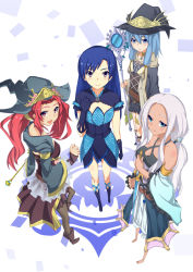 Rule 34 | 4girls, aqua eyes, aqua hair, ariel (yu-gi-oh!), bare shoulders, blue eyes, blue hair, blush, boots, breasts, choker, cleavage, color connection, crossover, dress, duel monster, emilia (yu-gi-oh!), female focus, gishki ariel, gishki emilia, gishki natalia, hat, idolmaster, idolmaster (classic), kisaragi chihaya, long hair, looking at viewer, multiple girls, open mouth, purple eyes, red eyes, red hair, smile, staff, waste-man, white hair, yu-gi-oh!