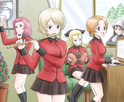 Rule 34 | 5girls, ?, accordion, assam (girls und panzer), black footwear, black ribbon, black skirt, blonde hair, blue eyes, blue headwear, blue jacket, blue sky, boots, braid, braided bun, brown eyes, brown hair, closed mouth, commentary, couch, darjeeling (girls und panzer), day, elbow rest, emblem, flute, frown, girls und panzer, hair bun, hair pulled back, hair ribbon, hand on own chin, harukai-i, hat, head rest, highres, holding, holding instrument, indoors, instrument, jacket, keizoku military uniform, long hair, long sleeves, looking at another, looking at viewer, medium hair, mika (girls und panzer), military, military uniform, miniskirt, multiple girls, music, on couch, open mouth, open window, orange hair, orange pekoe (girls und panzer), organ (instrument), parted bangs, plant, playing instrument, pleated skirt, potted plant, raglan sleeves, red hair, red jacket, ribbon, rosehip (girls und panzer), sheet music, short hair, sitting, skirt, sky, smile, st. gloriana&#039;s (emblem), st. gloriana&#039;s military uniform, standing, track jacket, triangle (instrument), tulip hat, twin braids, uniform, window