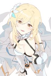 Rule 34 | 1girl, blonde hair, blush, breasts, clothes pull, commentary, dal-gi, dress, flower, genshin impact, hair flower, hair ornament, highres, looking at viewer, lumine (genshin impact), medium breasts, medium hair, open mouth, pulling own clothes, short hair with long locks, smile, solo, white dress, white flower, yellow eyes