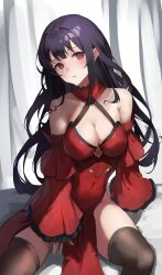 Rule 34 | 1girl, absurdres, bare shoulders, black hair, black thighhighs, blush, breasts, cleavage, collarbone, commentary request, covered navel, detached sleeves, dress, highres, long hair, long sleeves, medium breasts, original, parted lips, pelvic curtain, red dress, red eyes, red sleeves, ryusuke (wcmn2774), sitting, sleeveless, sleeveless dress, sleeves past wrists, solo, thighhighs, triangle mouth, wide sleeves