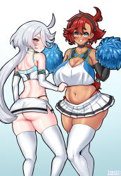 Rule 34 | 2girls, ahoge, ass, black hairband, black sleeves, blue eyes, breasts, cheerleader, cleavage, cleavage cutout, clothing cutout, commentary, commission, crop top, dark-skinned female, dark skin, detached sleeves, english commentary, grey eyes, grey hair, gundam, gundam suisei no majo, hair between eyes, hairband, highres, holding, holding pom poms, large breasts, long hair, low ponytail, miniskirt, miorine rembran, multiple girls, navel, panties, pleated skirt, pom pom (cheerleading), pom poms, red hair, red panties, side-tie panties, skirt, small breasts, suletta mercury, tabletknight, thick eyebrows, thighhighs, thong, underwear, very long hair, white skirt, white sleeves, white thighhighs