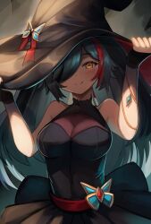 Rule 34 | 1girl, alternate costume, black dress, black gloves, black hair, breasts, cleavage, dress, fingerless gloves, gloves, hair over one eye, hat, highres, hololive, hoshino aoi (la huynh hai than), long hair, looking at viewer, medium breasts, multicolored hair, ookami mio, red hair, sleeveless, sleeveless dress, smile, solo, streaked hair, virtual youtuber, witch, witch hat, yellow eyes