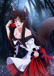 Rule 34 | 1girl, absurdres, animal ears, apple, backlighting, bamboo, bamboo forest, bare shoulders, black hair, blush, breasts, brooch, cleavage, dress, fang, fireflies, food, forest, frilled sleeves, frills, fruit, full moon, hanging breasts, highres, holding, holding food, holding fruit, imaizumi kagerou, jewelry, koissa, large breasts, layered dress, long hair, long sleeves, looking at viewer, moon, moonlight, nature, night, night sky, off-shoulder dress, off shoulder, outdoors, red dress, red eyes, shiny skin, skirt hold, sky, smile, solo, tail, tongue, touhou, very long hair, white dress, wolf ears, wolf tail