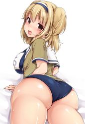 Rule 34 | 10s, 1girl, :d, ass, blush, breasts, brown eyes, commentary request, deyuyama, from behind, hairband, i-26 (kancolle), jacket, kantai collection, large breasts, light brown hair, looking at viewer, looking back, lying, on stomach, one-piece swimsuit, open clothes, open jacket, open mouth, sailor collar, school swimsuit, smile, solo, swimsuit, two-tone hairband, two side up, white background