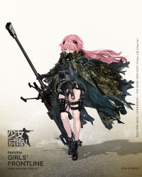 Rule 34 | 1girl, adjusting clothes, anti-materiel rifle, bipod, black footwear, black gloves, black leotard, boot straps, boots, breasts, camouflage, camouflage cloak, cape, character name, cloak, covered mouth, denel land systems, full body, girls&#039; frontline, gloves, grey jacket, gun, handgun, headgear, highres, holding, holding gun, holding weapon, holster, holstered, hood, hood down, hooded cloak, jacket, leotard, logo, long hair, looking at viewer, mod3 (girls&#039; frontline), ntw-20, ntw-20 (girls&#039; frontline), ntw-20 (mod3) (girls&#039; frontline), official alternate costume, official art, one eye closed, pink eyes, pink hair, pistol, ran (bukeranwu), rifle, scope, skindentation, sniper rifle, solo, thigh holster, thighs, very long hair, weapon, wrist straps