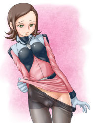 Rule 34 | 10s, 1girl, ^jj^, brown hair, cameltoe, clothes lift, clothes pull, dress, dress lift, gloves, green eyes, grey pantyhose, gundam, gundam age, gusset, long sleeves, millais alloy, no panties, pantyhose, pantyhose pull, pink dress, pussy, short dress, short hair, skirt, skirt pull, smile, solo, uncensored, undressing, uniform, white gloves
