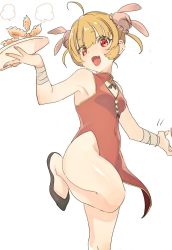 Rule 34 | 1girl, ahoge, alternate costume, armpits, bandaged arm, bandages, black footwear, blonde hair, blush, breasts, bun cover, china dress, chinese clothes, cleavage cutout, clothing cutout, double bun, dress, fang, food, hair bun, hair ornament, hibimegane, highres, leg up, natori sana, open mouth, plate, red dress, red eyes, sana channel, short hair, side slit, simple background, skin fang, small breasts, solo, steam, virtual youtuber, white background