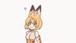 Rule 34 | 10s, 1girl, ?, animal ears, animated, animated gif, bare shoulders, blonde hair, bug, butterfly, elbow gloves, extra ears, falling, gloves, high-waist skirt, bug, jumping, kareido (kaleidoscope), kemono friends, paw pose, serval (kemono friends), serval print, skirt, solo, thumbs up, yellow eyes
